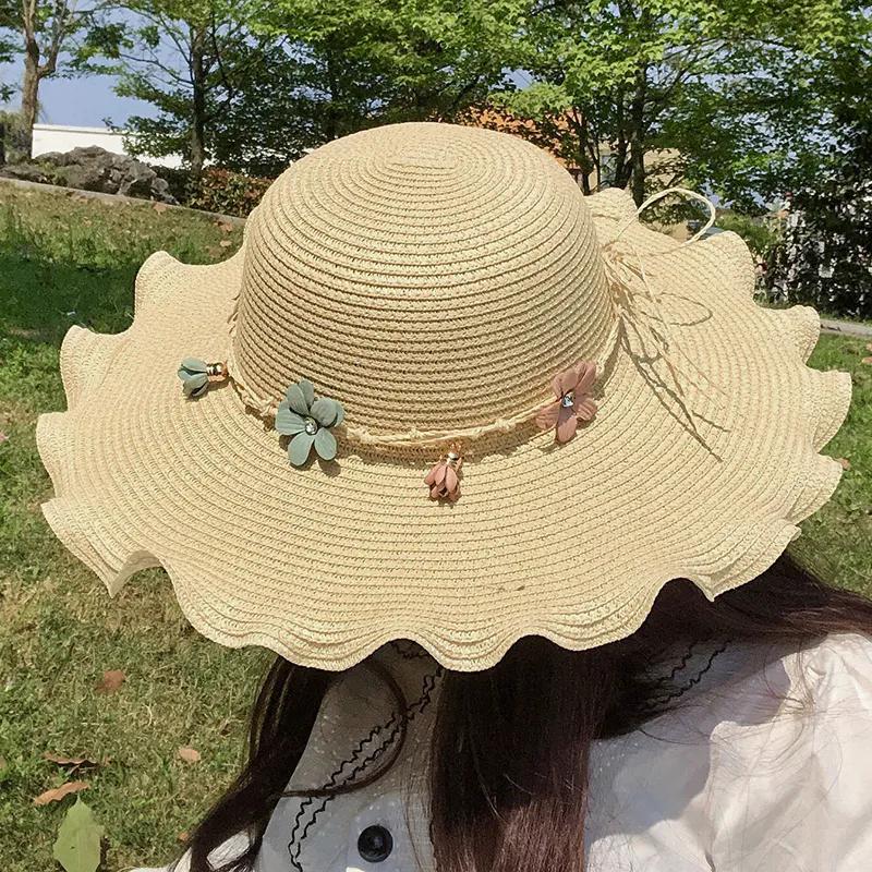 WTEMPO Solid Color Women Spring Summer Wide Brim Flowers Bow Sun Hats Outdoor Breathable Foldable Beach Sunscreen Hats