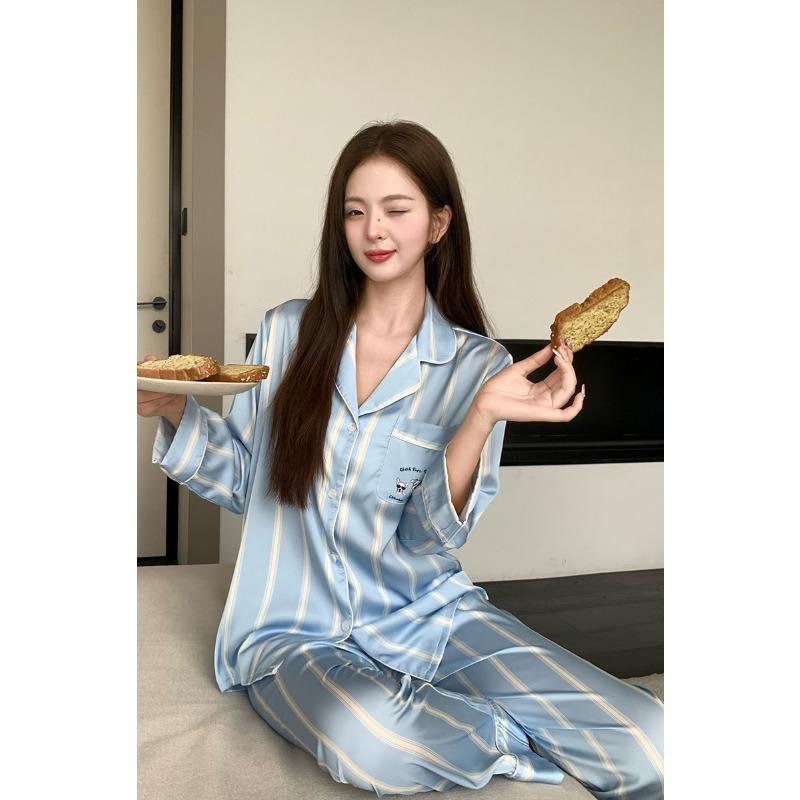 Striped Dog Cute Cartoon Women's Pajamas Autumn and Winter Ice Silk Long-sleeved Loungewear Warm and Comfortable Suit