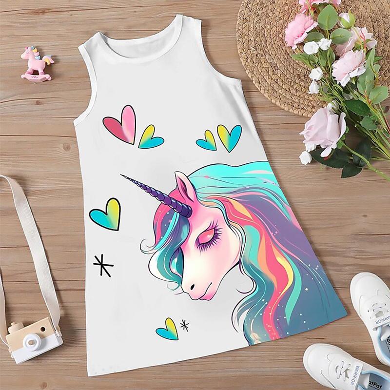 

Платье для девочек Без рукавов с 3D-принтом «Розовый конь» Лето Весна Повседневные Симпатичные Повседневные милые детские платья трапециевидной формы Платье-майка Платье для сна «Спокойной ночи» 120 белый