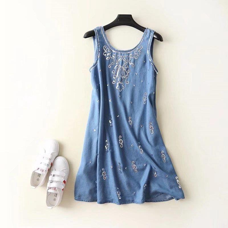 

Музыкальные ноты Европейский и американский стиль Тенсел Джинсовое платье с пайетками Denim Blue S