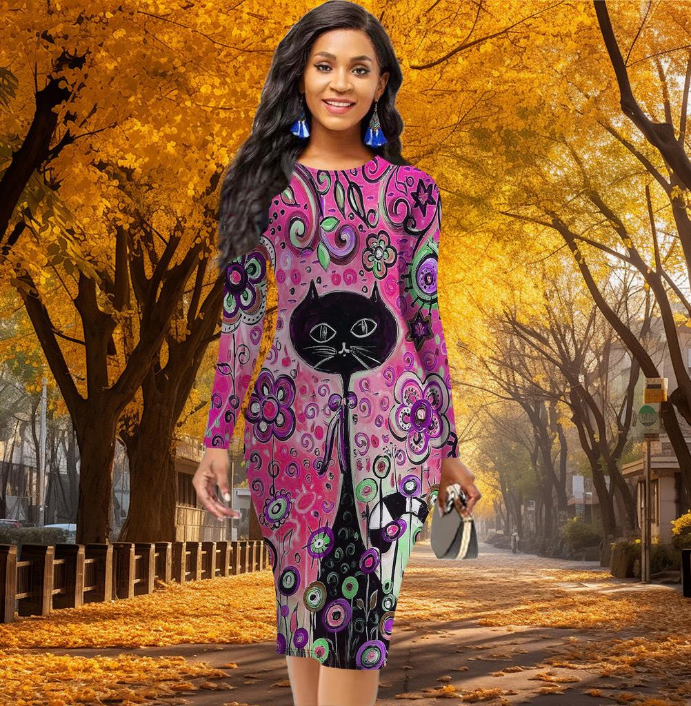 Long Sleeve Waist Tight Office Slim Fit Long Necked Animals Printing Elegant Bodycon Dress