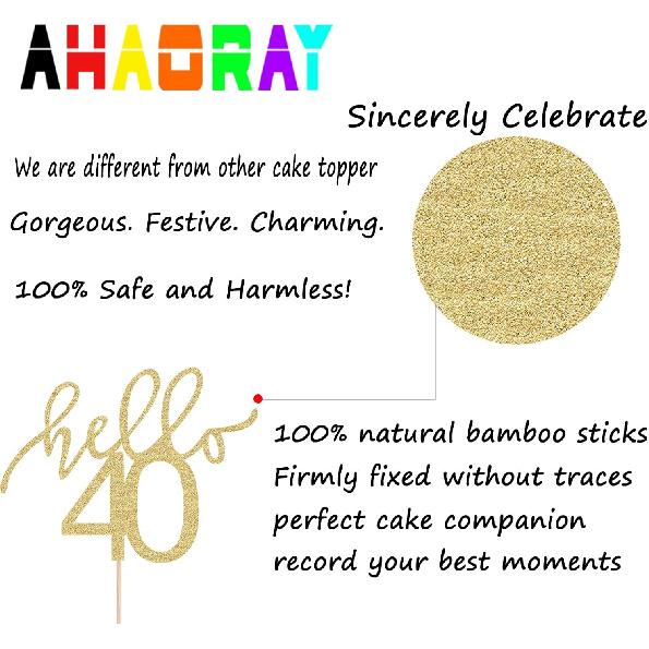 AHAORAY Hello 40 Cake Topper - Gold Glitter 40th Birthday Cake Decorations - 40 Wedding Anniversary Party Cake Decor