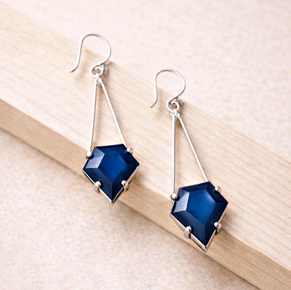 Labradorite Earrings, 925 Sterling Silver Handmade Blue Drop Dangle Jewelry, Unique Diamond Cut Stone