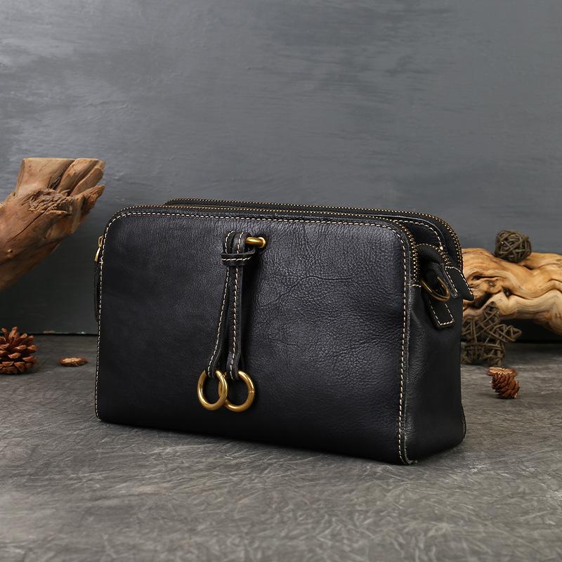Three-compartment Crossbody Bag, Genuine Leather Retro Style Handcrafted Single-shoulder Small Square Bag