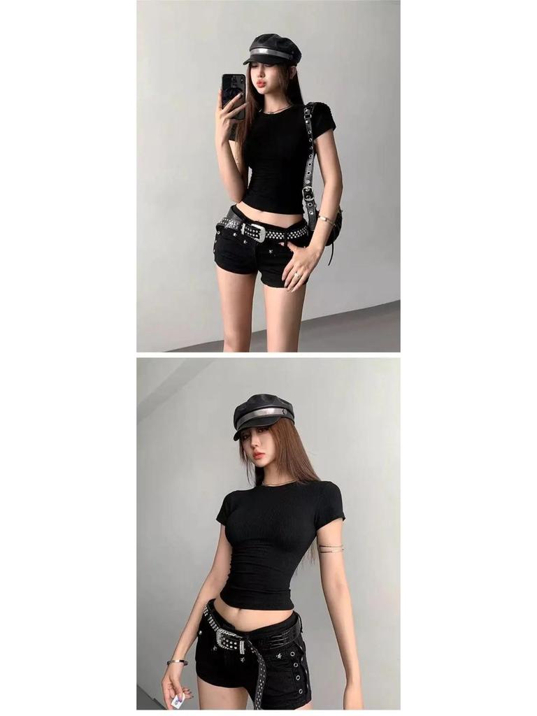 Schlankes geripptes Damen-Crop-Top - Sommer Elastischer Rundhalsausschnitt Kurze Ärmel