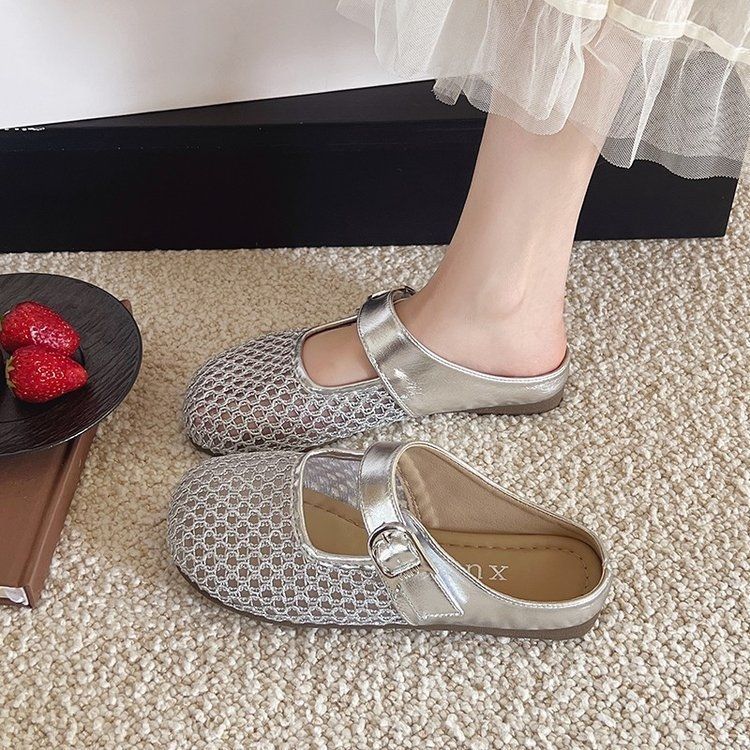 Woven Mesh Breathable Foreign Style One Word Women's Cool Slippers Women's Summer Wear 2025 New Flat-bottomed Bag Head Half Slippers