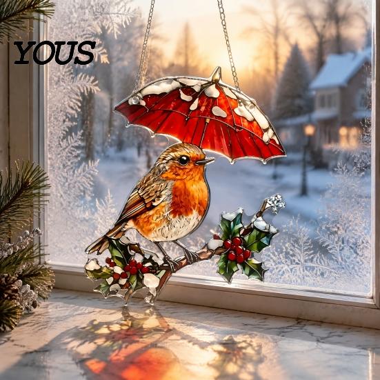 Retro Style Suncatcher Acrylic Scenery/Bird Hanging Ornament, Stained Glass Pendant, Double Sided Indoor Christmas Wall Decor Decoration with