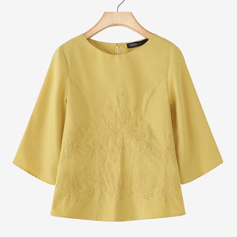 

ZANZEA Женская повседневная блузка с круглым вырезом и рукавами 3/4, свободного кроя, с вышивкой 4XL жёлтый