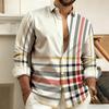 New Men's Shirt with Color Blocking Geometric Stripes, Long-Sleeved, Casual, Outdoor, Street Style, Fashionable Top