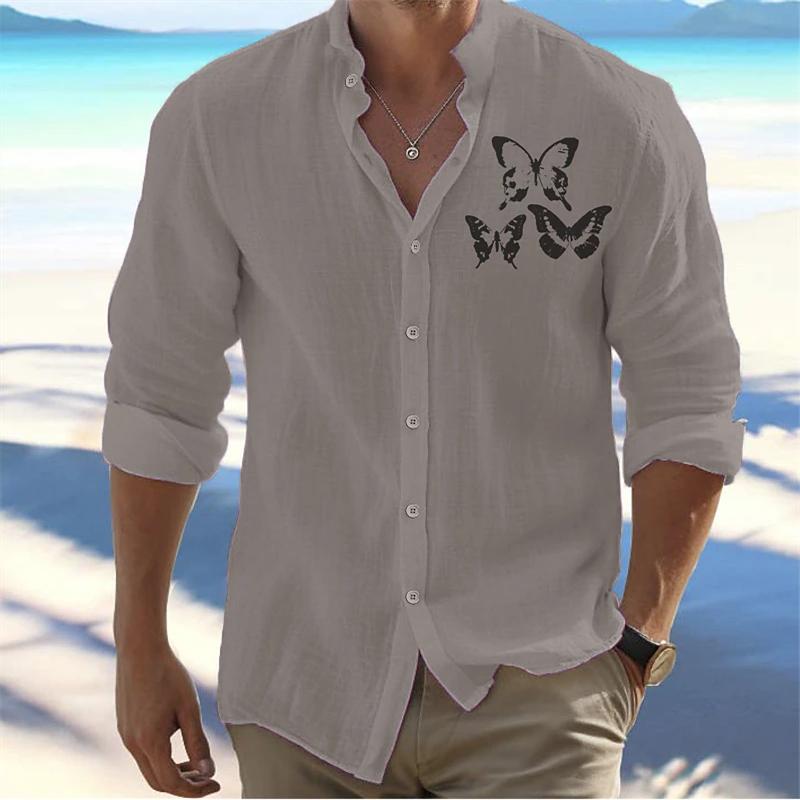 Zomer Mannen Linnen Shirt Omklapbaar Strandshirt Lange Mouwen Effen Kleur Hawaïaans Roze Patroon Collectie