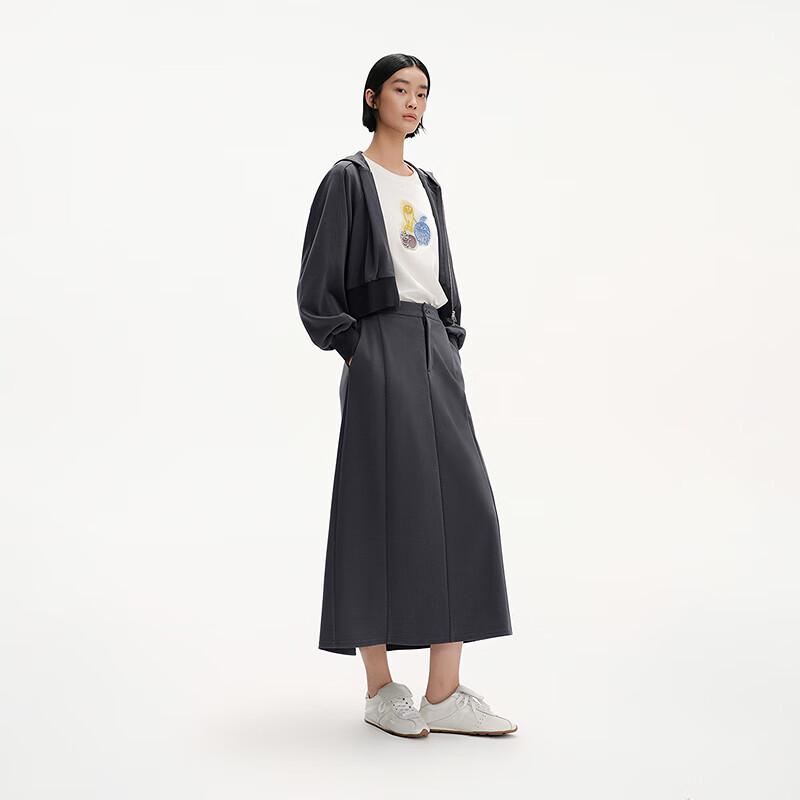 Broadcast Women's Grey French Style A-Line Slit Midi Skirt