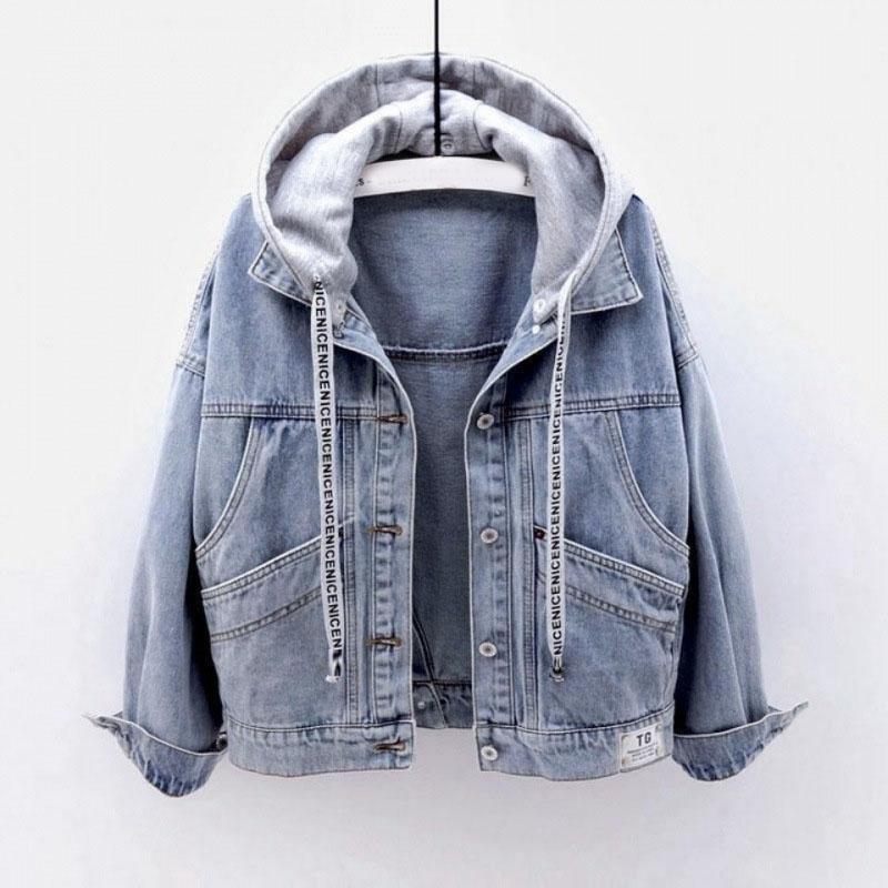 Autumn and Winter Multi Pocket Versatile Top Hooded Jacket Women Loose Button Patchwork Outwear Jean Coat