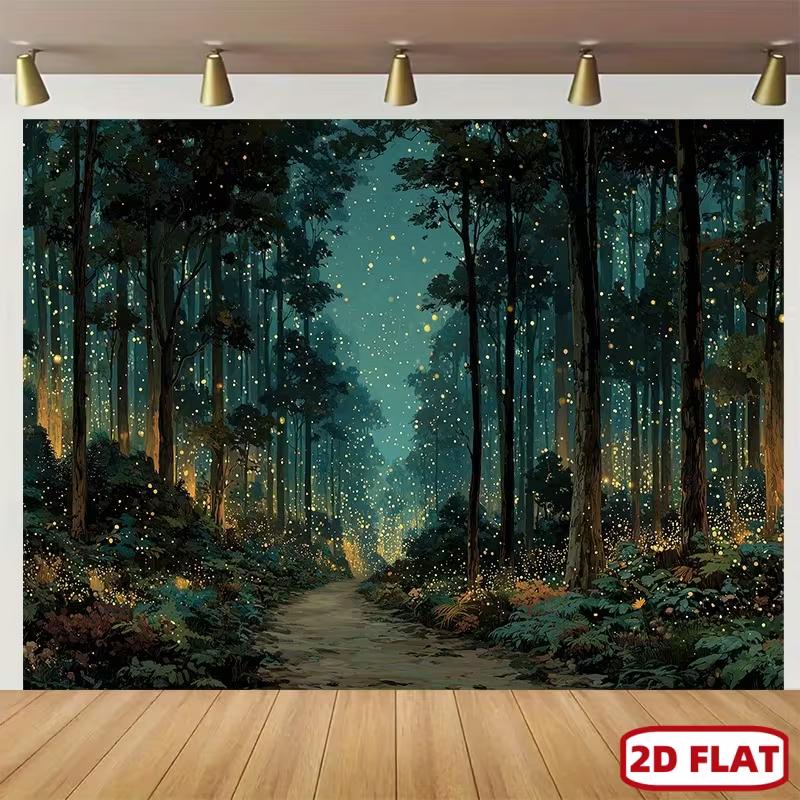 2D Enchanted Night Forest Tapestry Firefly Path Magical Nature Wall Art 47.2x31.5inch/120*80cm