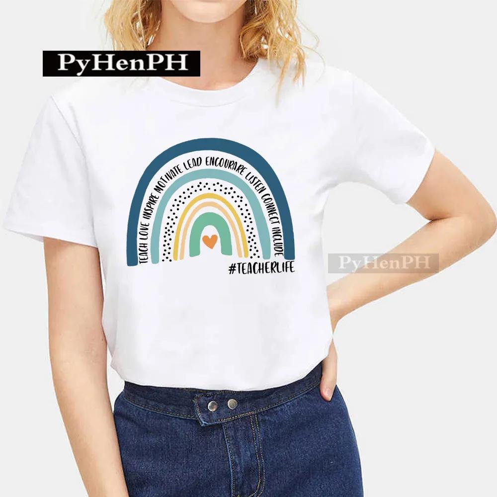 Trendy Rainbow Teacher Design Sense Short Sleeve Tshirt Unisexs Womens Large Size Crewneck for Boys Girls Children