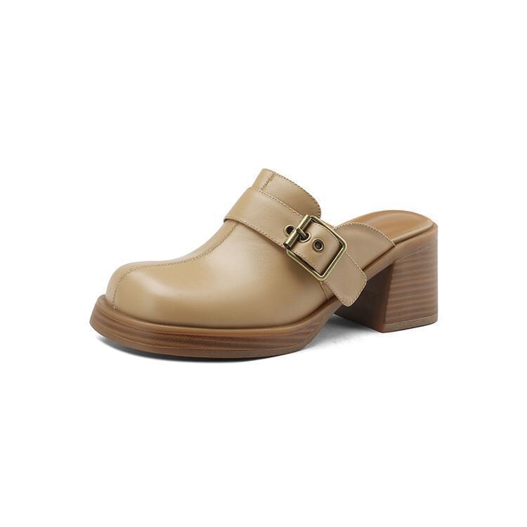 Retro Outer Wear Thick-soled Bag Head Half Slippers Women's Belt Buckle Lazy Sandals Thick Heel Non-slip Muffin Bottom Apricot Single Shoes