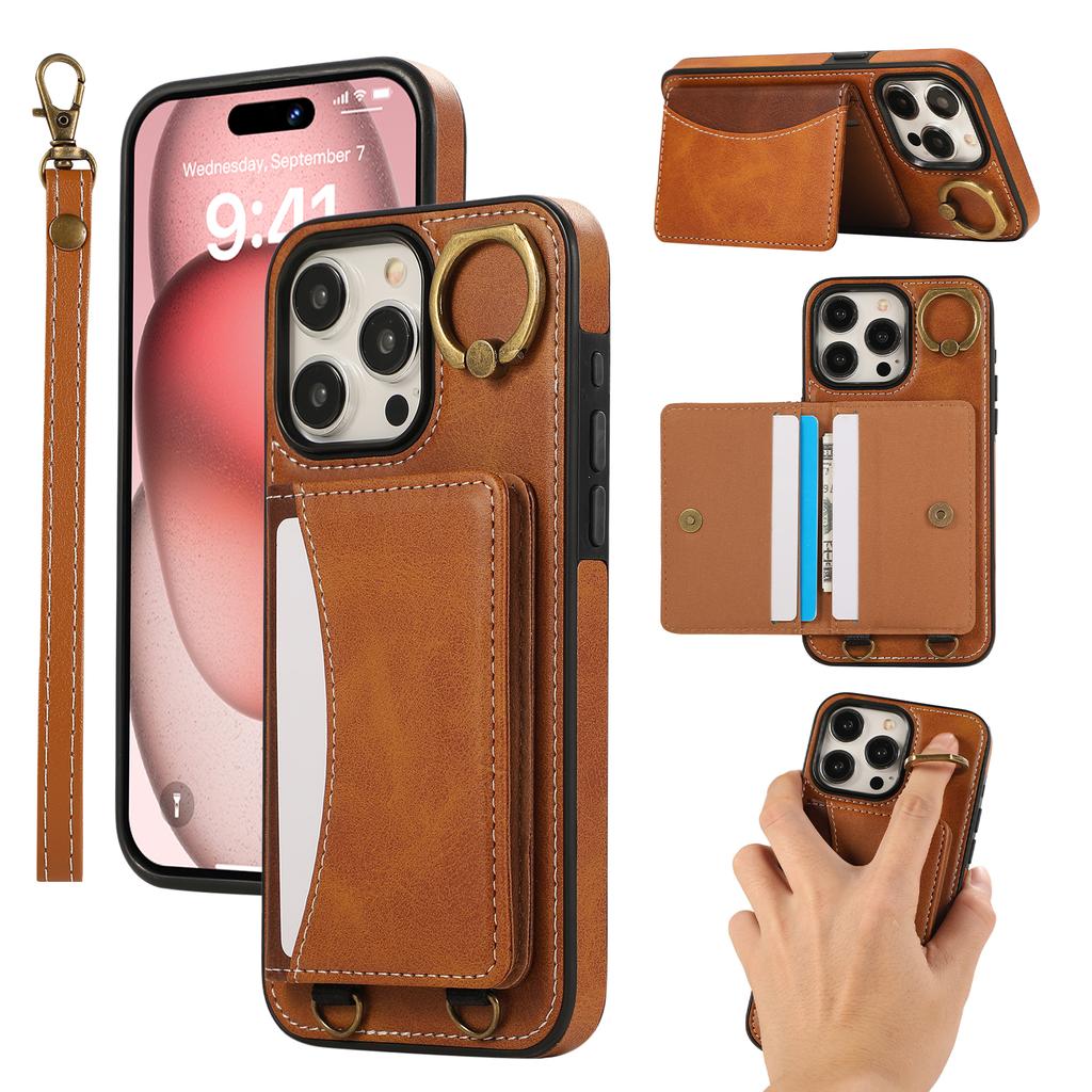 For iPhone 14 Pro Max PU Leather Back Case Card Holder Kickstand Phone Cover with Wrist Strap