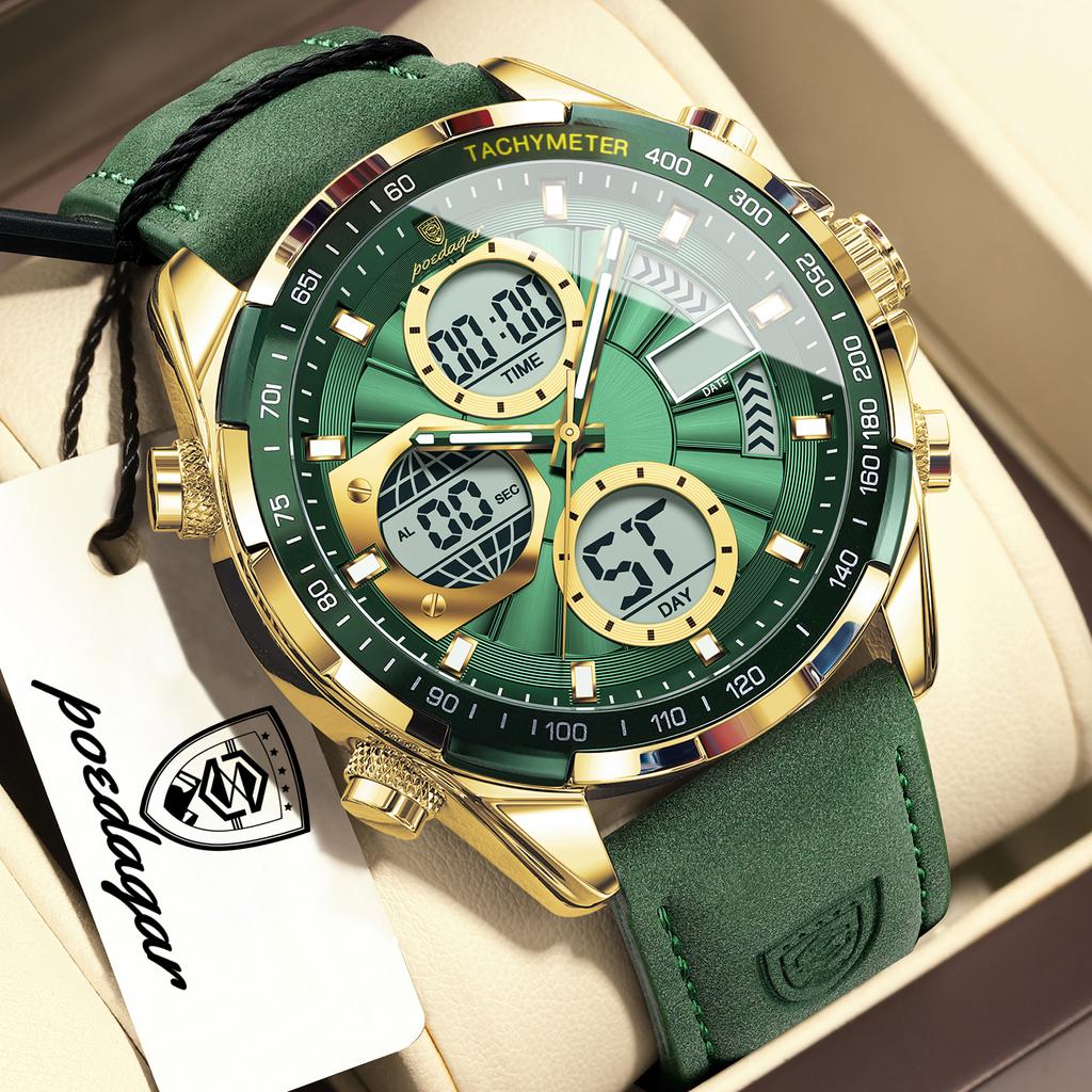 POEDAGAR Men Wristwatch Week Date Digital LED Quartz Fashion Clock Alarm Dual Time Display Electronic Luminous Watches