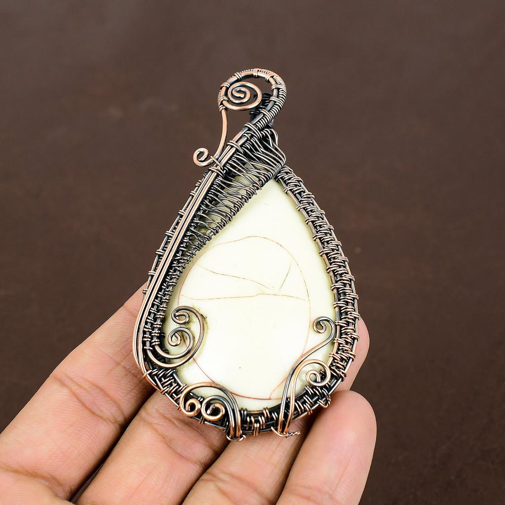 Natural White Coral Gemstone Handmade Copper Wire Wrap Pendant 3.54" L7W45