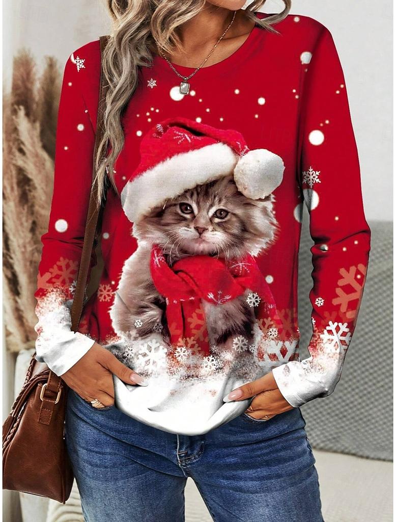 Women's long sleeve Polyester T-shirt 3D Print Christmas Theme snowflake Graphics Casual Loose Fit Crew Neck Long Sleeve Tops