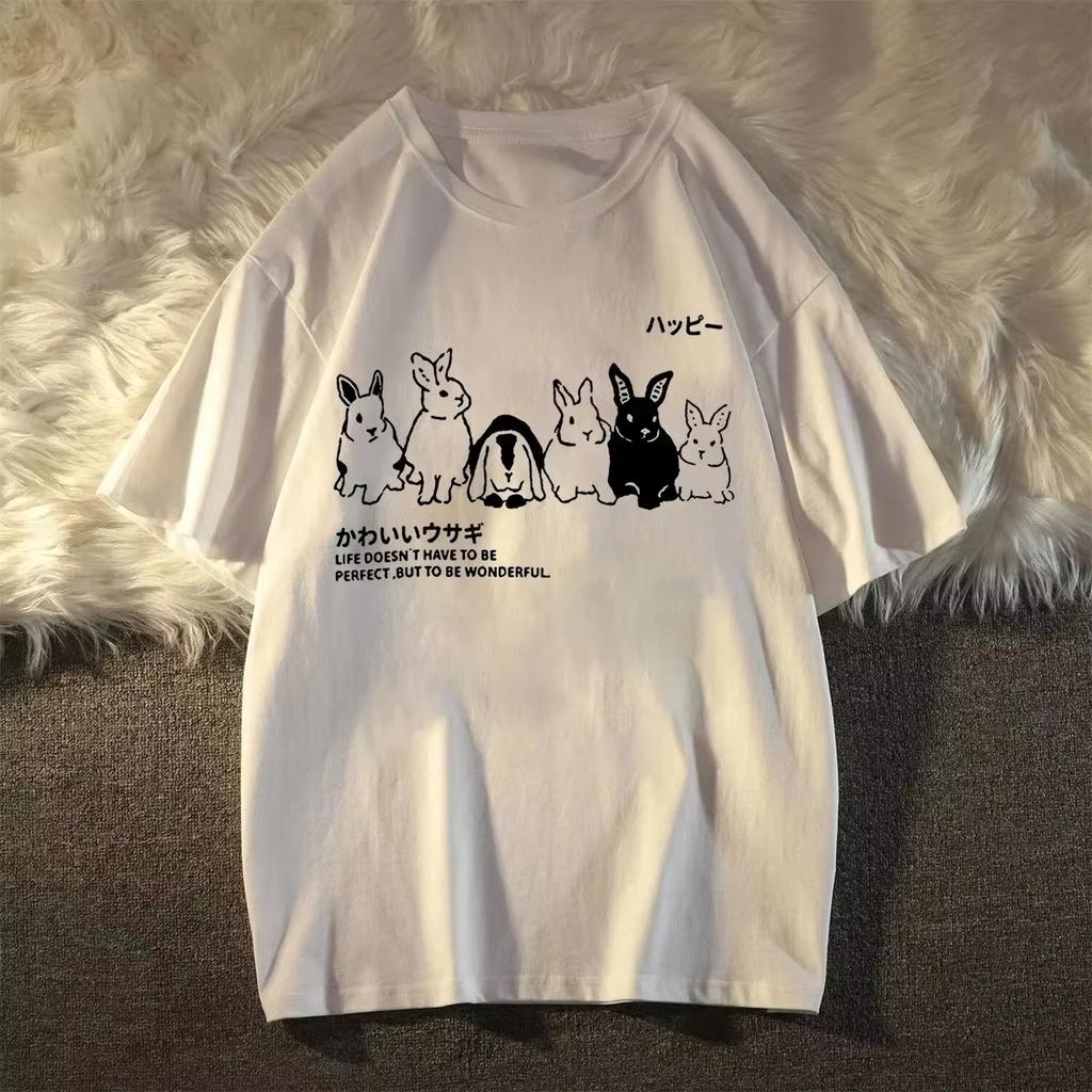Japanese Cute Rabbit Pattern Women Summer Short Sleeve Shirt Summer Casual Streetwear Lady Clothes Harajuku Oversized T Shirt