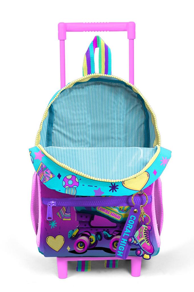 Minik Yuva Squeegee Backpack Pink Turquoise Headphones Skate Pattern Two Compartments 24054