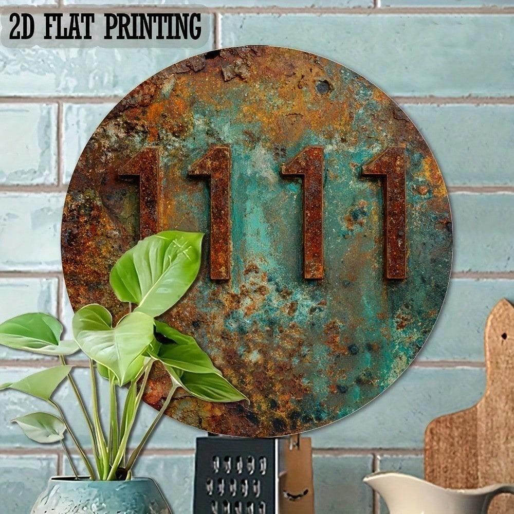 Vintage Industrial Aluminum Wall Art Decor 8x8 Inch Round Hanging Sign Rustic Teal Brown Metallic Finish for Home Office