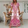 Women's 3D Retro Bohemian Print V-Neck Short Sleeve Long Swing Dress for Vacation