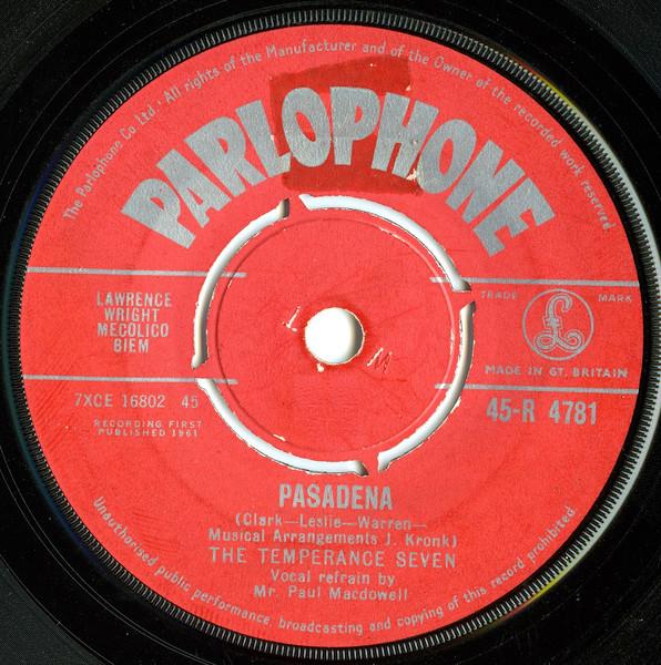 

7inch Record TEMPERANCE SEVEN - Pasadena 45R4781 Parlophone 1961 UK Jazz Used