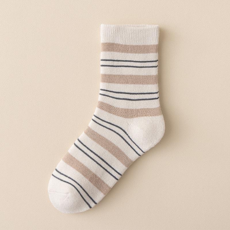 Women's Striped Terry Socks - Extra Thick, Warm, and Soft Mid-Calf Socks for Autumn and Winter
