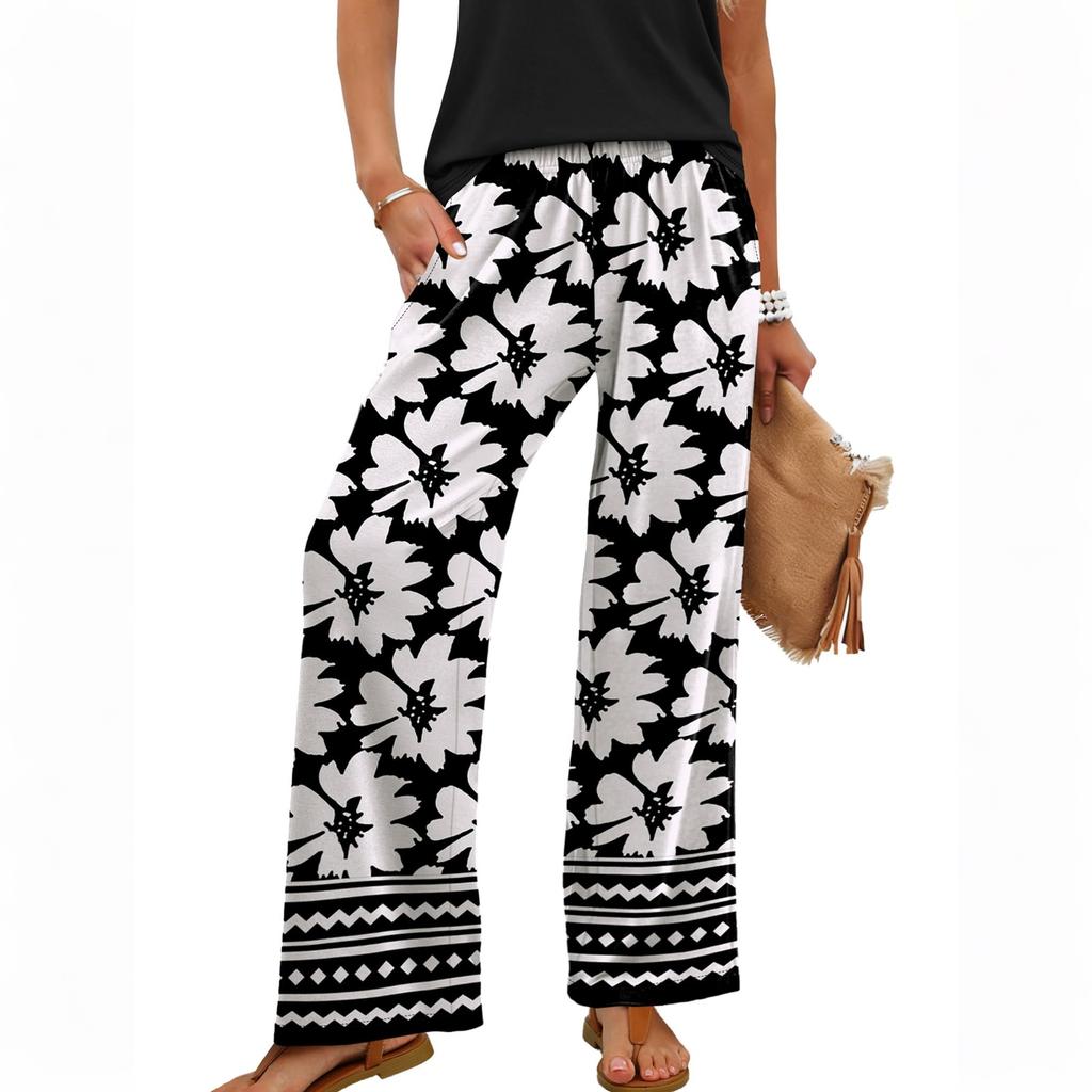 Women Loose Fit Wide Leg Trousers Casual High Waist Elastic Waistband Printed Long Pants for Everyday Wear
