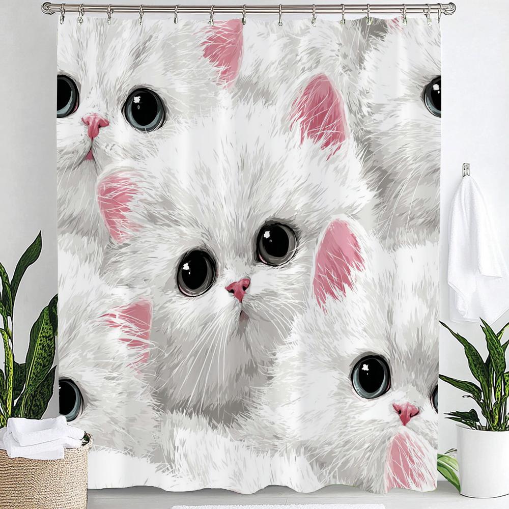 Floral Cat Shower Curtain Cute Cat Cartoon Washable Hanging Curtain Bathroom Curtain and Home Decor Curtain with Hooks