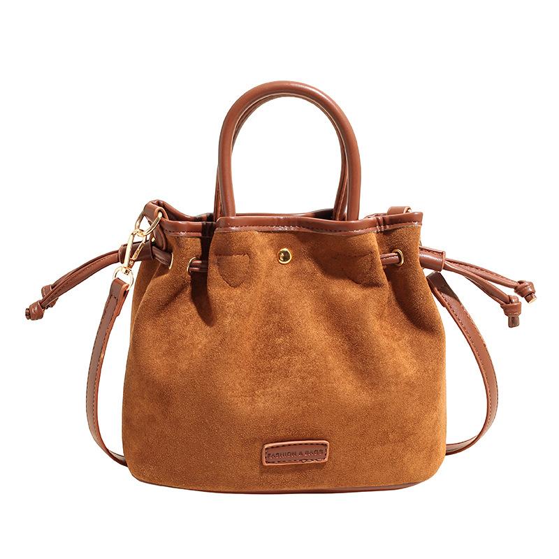 Suede bag women's autumn and winter drawstring pleated messenger bag high-end retro bucket bag
