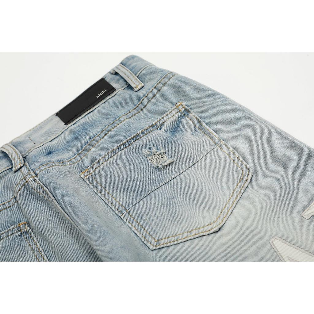 M06 Amiri Men's and Women's American Style Trendy Jeans with Fabric Patches, Holes, Embroidery, Casual and Fashionable High Street Pants