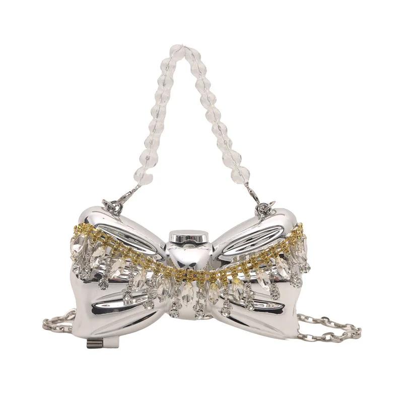 Metal Mini Bag Rhinestone Tassel Shoulder Bags Women's Chain Crossbody Chain Box Bags Gold Evening Bag