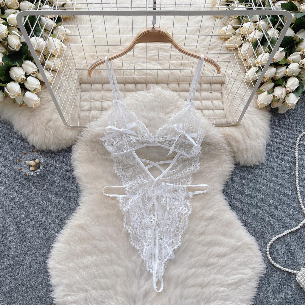 Mesh Sexy Lace Camis Nightwear Rompers Women Solid Hollow Out Open Crotch Lingerie Playsuits Female Backless Sheer Sensual Slim Bodysuits 2024