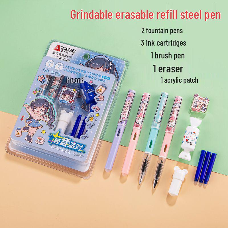 

Set of 2 Fountain Pens with 3 Ink Cartridges, Pen Cleaner, Eraser, and Mò Mò Lè Kě Cā Student Fountain Pen Ink Refills. 2 Pens + 3 Cartridges + Pen Cleaner + Eraser Set