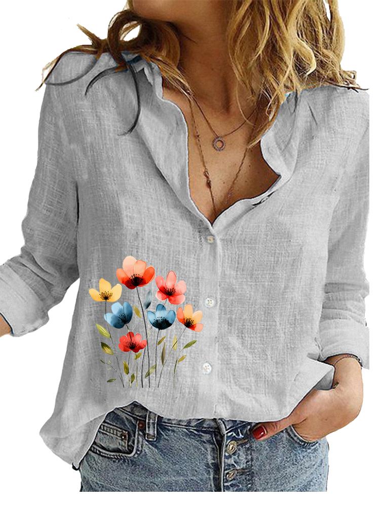 Women Fashion Cotton Linen Blouse Ladies Casual Loose Top Ladies Print Long Sleeve Shirt