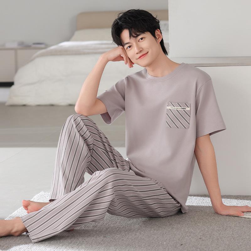 Pure cotton pajamas men's summer thin 1011 new short-sleeved trousers loose large size can be worn outside loungewear suit