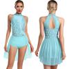 Body da ballo latino Chacha da donna S-XXL: Body Leotard Monopezzo Senza Maniche con Strass Scintillanti, Schiena Svuotata, Gonna Irregolare, per Ginnastica