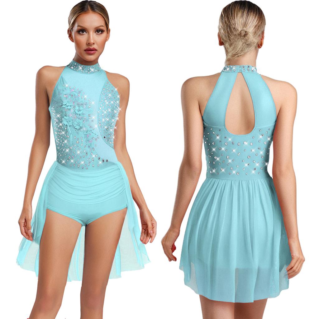 Body da ballo latino Chacha da donna S-XXL: Body Leotard Monopezzo Senza Maniche con Strass Scintillanti, Schiena Svuotata, Gonna Irregolare, per Ginnastica