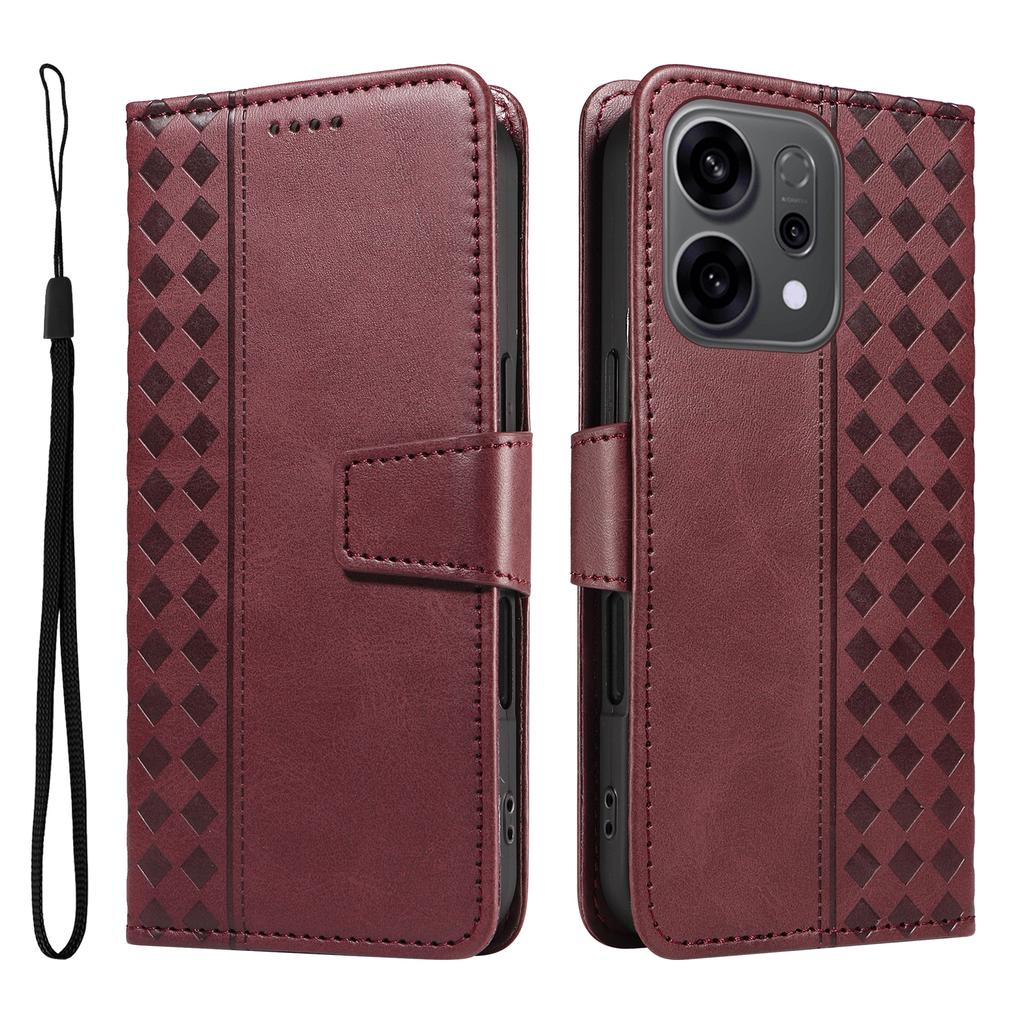 For Oppo Reno14 5G (China)/Oppo Reno14 F 5G/Oppo Reno14 5G (Global) Leather Case Wallet Stand Grids Imprinted Phone Cover with Strap