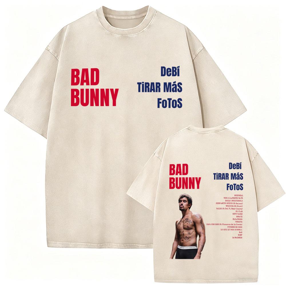 Rapper Bad Bunny Vintage Acid Washed T Shirts Debi Tirar Mas Fotos DTMF Tshirts Men Women Hip Hop Fashion High Quality Tshirt