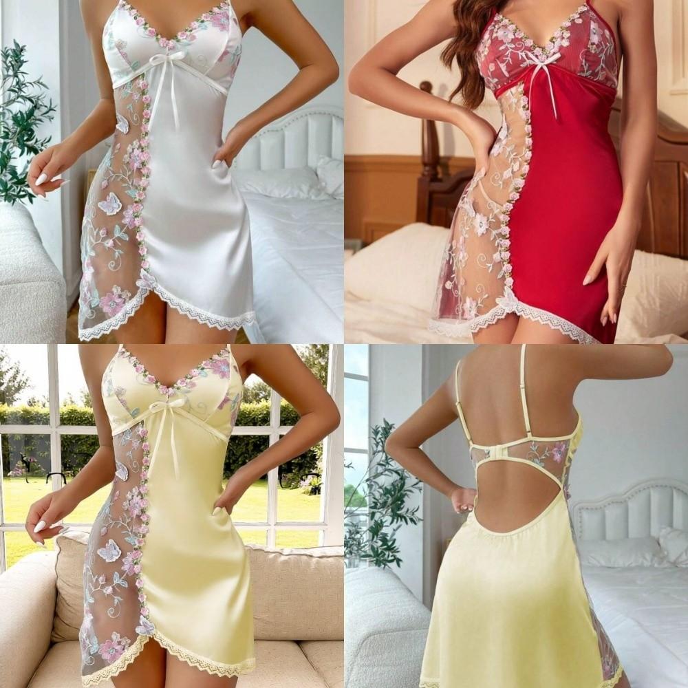 Blumen Schmetterling Eis Seide Träger Nachthemd Dünne Spitze Schleife Schmale Träger Nachthemd Zuhause