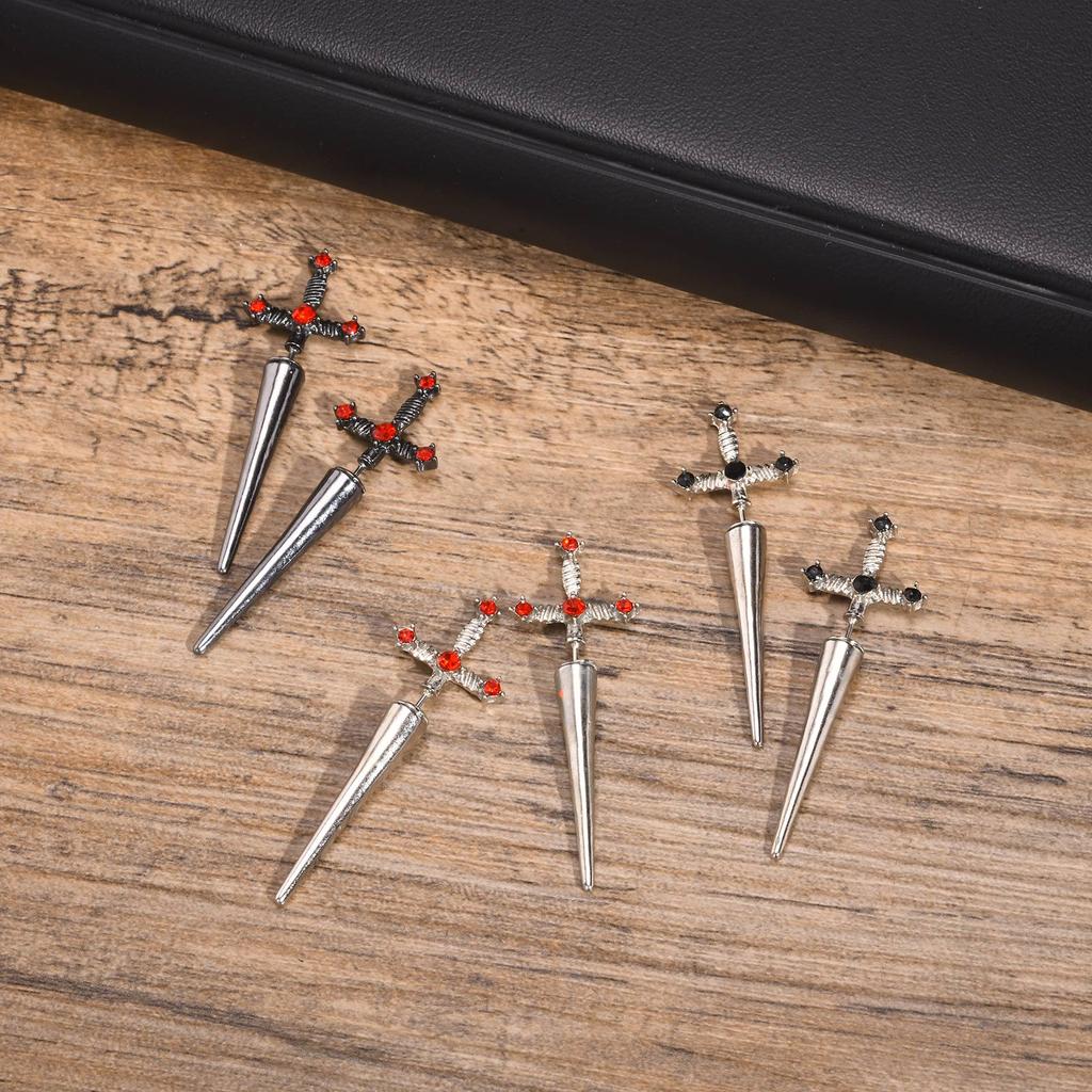Gothic Sword Shaped Earrings for Men Boys,Metal Black Stone Cross Studs Earrings,Rock Punk Zircon Anniversary Birthday Gifts