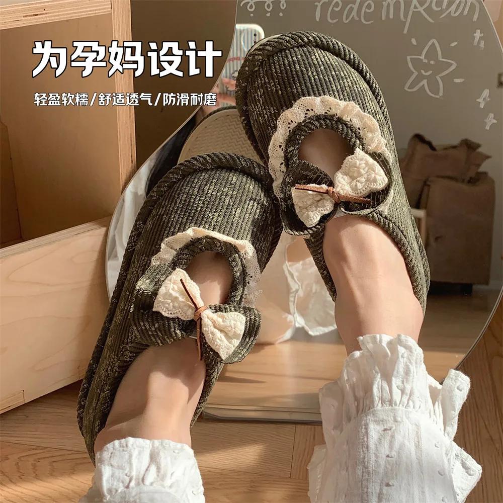 Retro Lace Bow Cotton Slippers Female Fashion Summer Thin Models Home Comfort Girls Package with Cotton Shoes