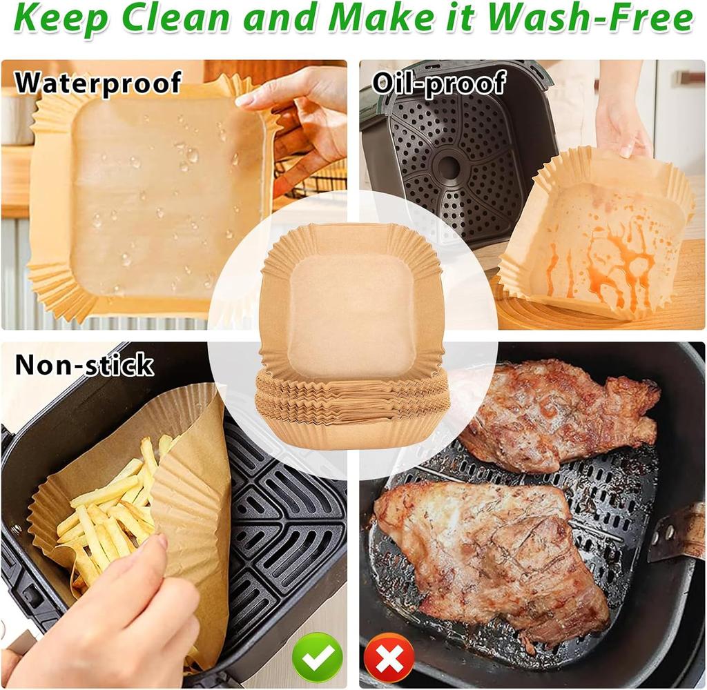 Air Fryer Backpapier 25/50/100/150 Stück für 4,5-8L/7-12L Körbe 16/20/23cm XXL Quadratische Air Fryer Zubehör für Ninja, Cosori,