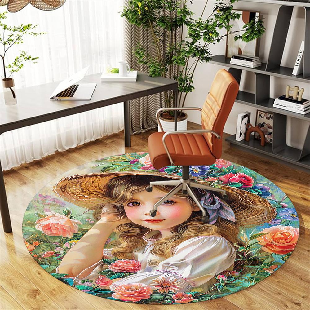 1pc flower girl Round Chair mat Area Rug - Non-Slip, Floor Mat for Office, Bedroom, and Indoor Decor -1002161