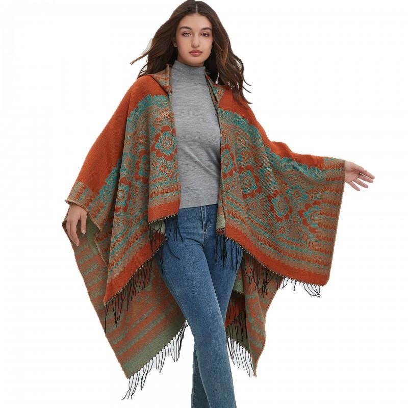 Womens Floral Jacquard Hooded Cape With Fringe Trim Warm Knit Shawl