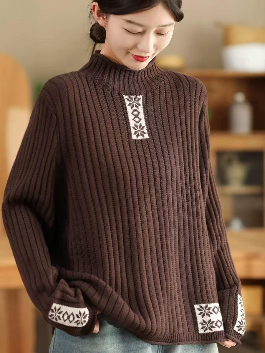 

Johnature Жіночий зимовий нішевий светр із вінтажним принтом з імітацією шиї з довгими рукавами Однотонний светр у китайському стилі One Size