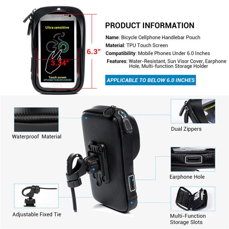 6.0 inch Waterproof Bike Bicycle Mobile Phone Holder Stand Motorcycle Handlebar Mount Bag for iPhone X Samsung LG Huawei